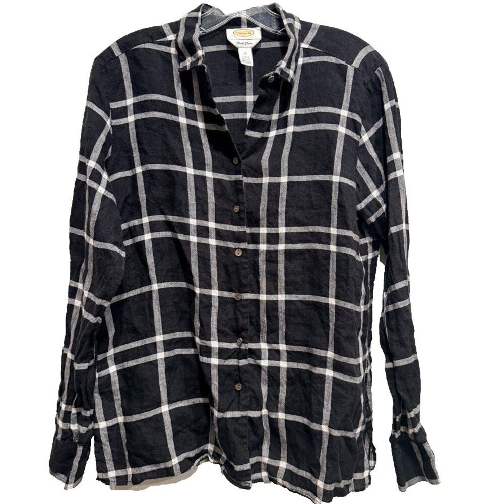 Talbots Size 10 Irish Linen Womens Long Sleeve Button Front Blouse Plaid Career